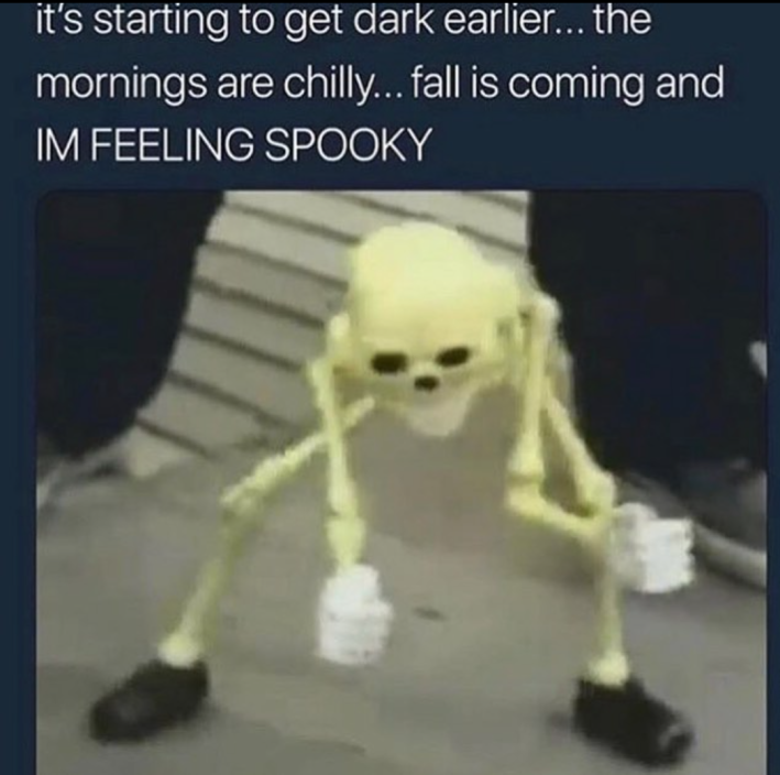 Text reads, "it's starting to get darker earlier... the mornings are chilly... fall is coming and IM FEELING SPOOKY" with a blurry photo of a dancing skeleton wearing shoes.