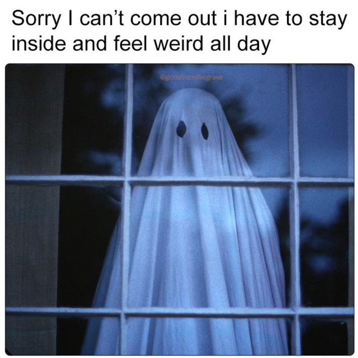 Fall meme that says, "Sorry I can't come out i have to stay inside and feel weird all day." Photo of a person in a white bedsheet staring out a window.