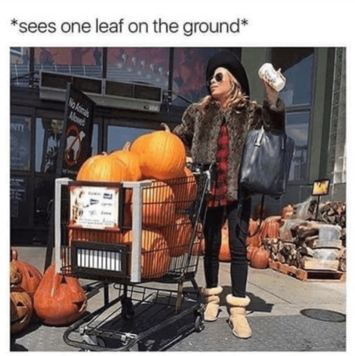 Fall meme that says, "*sees one leaf on the ground*" with a blurry photo of a woman in autumn clothes holding a Starbucks card with a grocery cart filled with pumpkins.