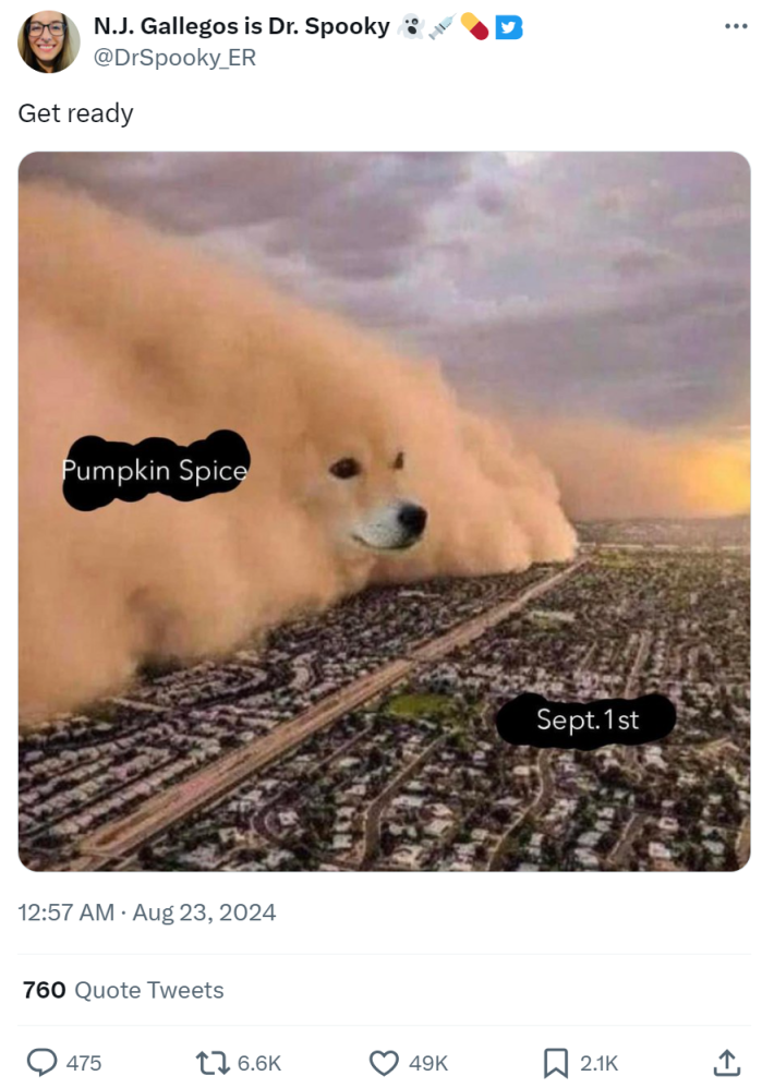Fall meme of a dust storm taking over a suburban neighborhood. The cloud has a dog's face photoshopped onto it with the text, "Pumpkin Spice" and the neighboorhood "Sept. 1st."