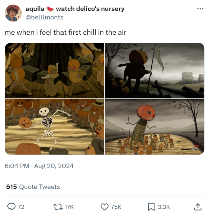 Spooky screenshots of pumpkin-headed creatures and a dancing skeleton. Text in the tweet reads, "me when i feel that first chill in the air."