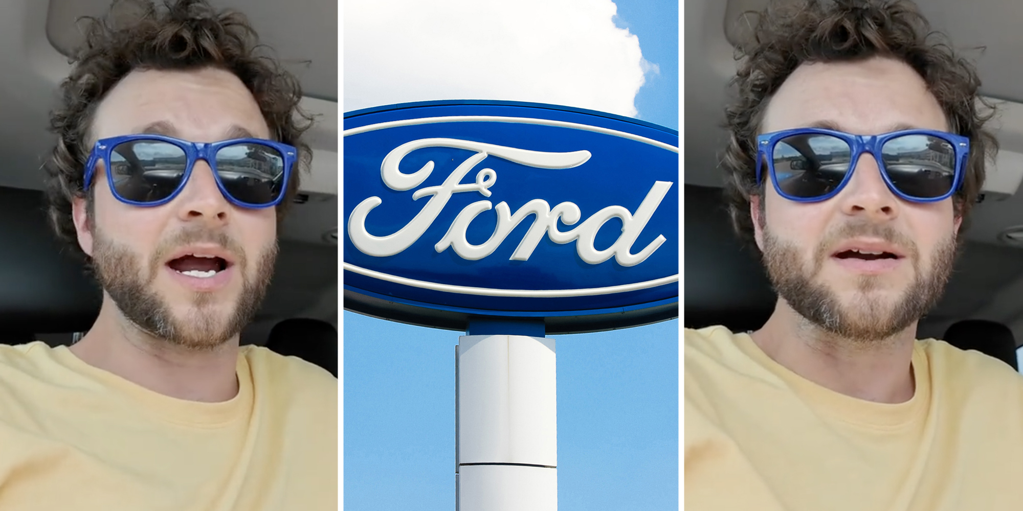 Man talking(l+r), Ford sign(c)
