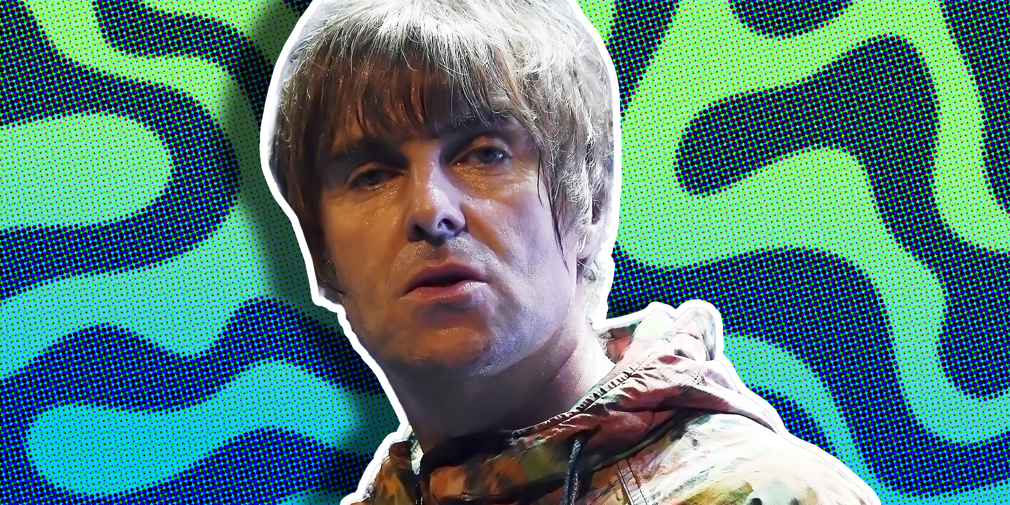 Liam Gallagher in front of swirly background