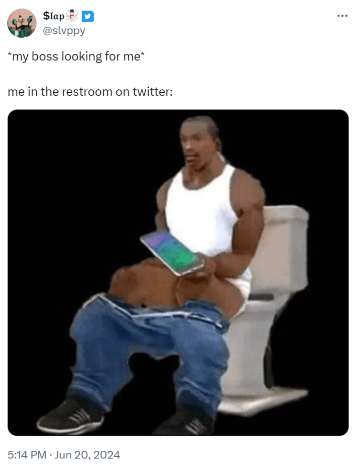 Screenshot of a video game figure on the toilet. Text overlay reads, "*my boss looking for me* / me in the restroom on twitter:"