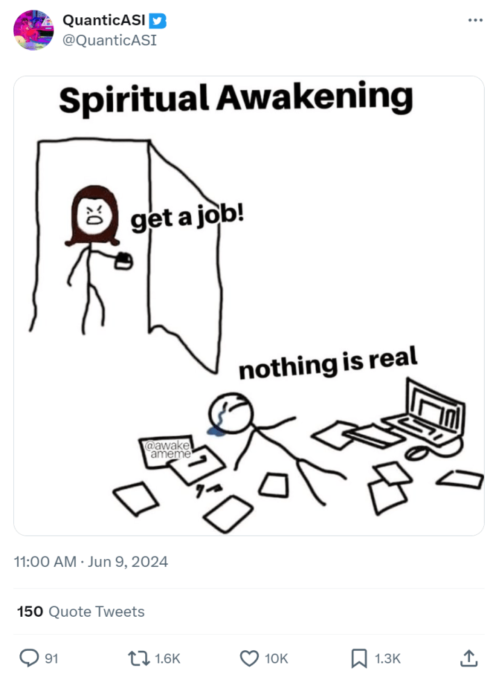 A funny work meme with a stick figure woman yelling at a stick figure surrounded by papers and a computer sobbing about "nothing is real."