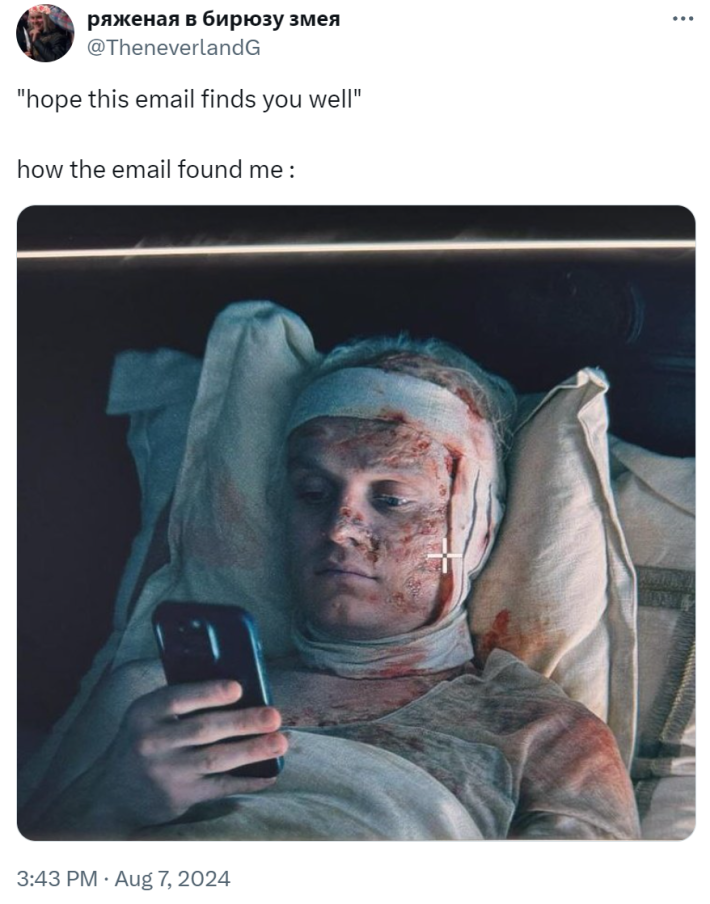 Funny work meme, text reads, "'hope this email finds you well' how the email found me :" with a photo of a very injured person in a hospital looking at their phone.