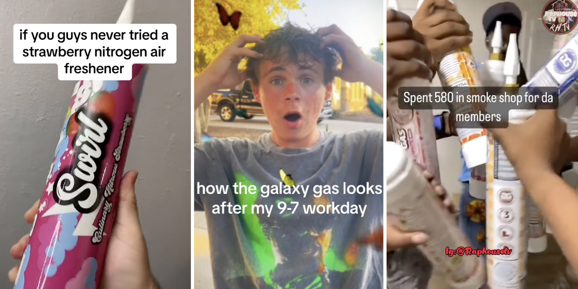 Hand holding freshner(l), Man looking surprised(c), People knocking freshners together(r)