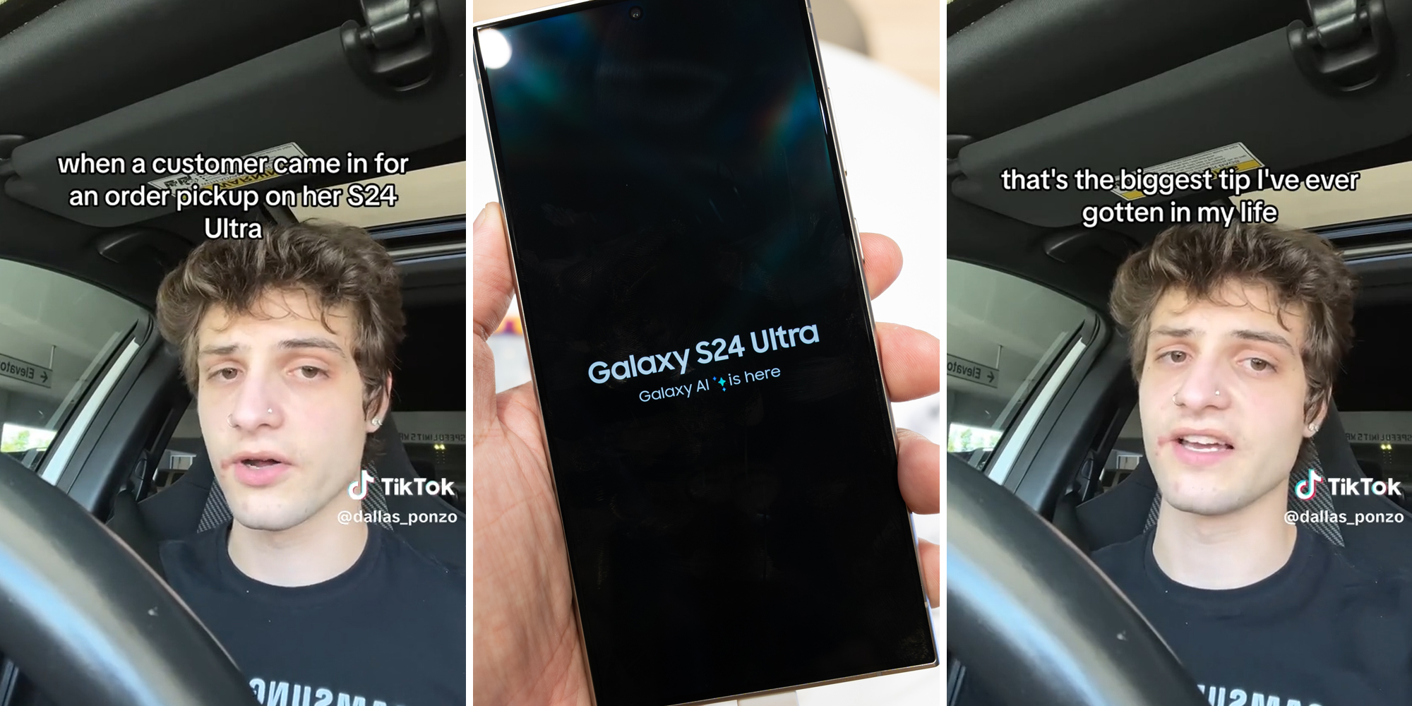 young man in car with caption "when a customer came in for an order pickup on her S24 Ultra" (l) Galaxy S24 Ultra phone (c) young man in car with caption "that's the biggest tip I've ever gotten in my life" (r)