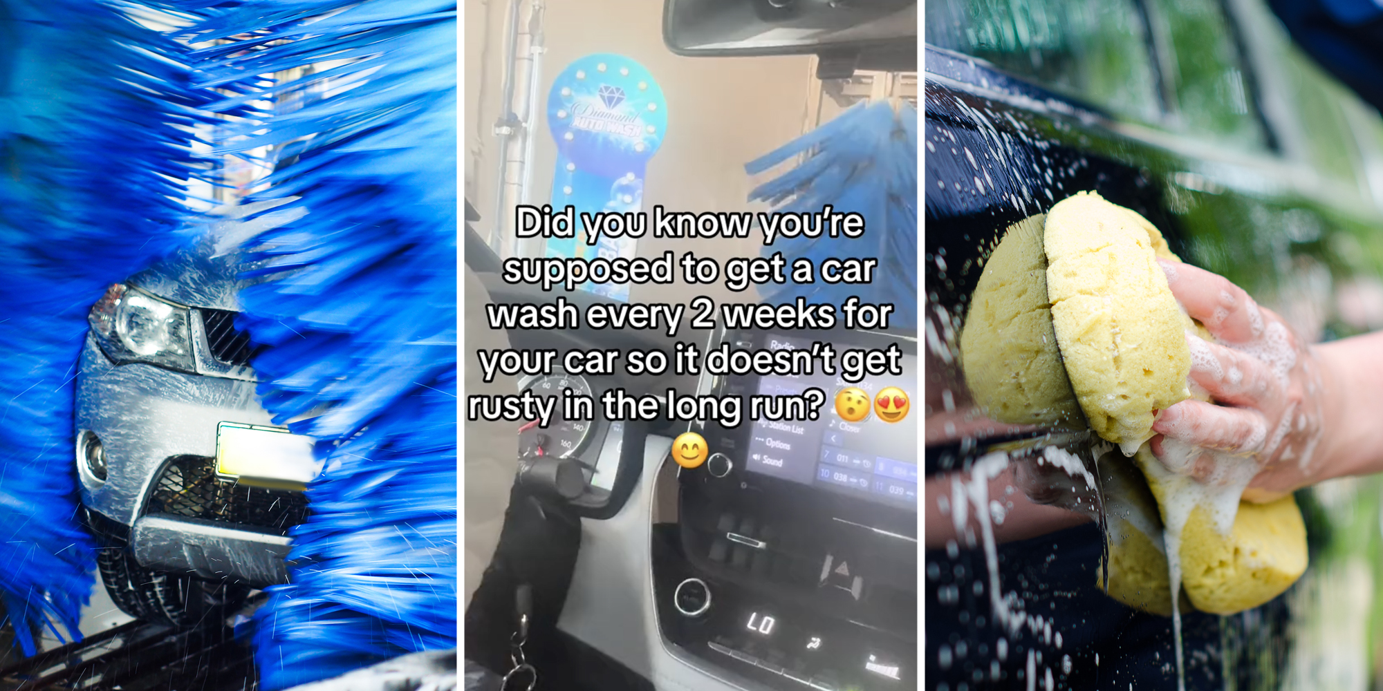 Car in carwash(l), Interior of car during car wash(c), Washing car by hand(r)