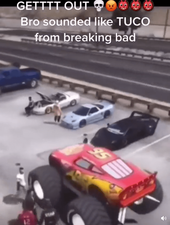 Get Out Scream meme: Video game screenshot of Lightning McQueen. Text overlay reads, "GETTTT OUT (skull and angry emojis) Bro sounded like TUCO from breaking bad."