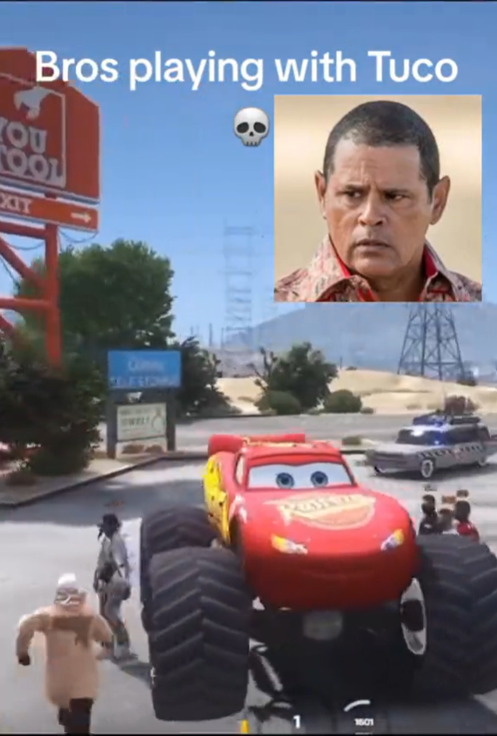 Get Out Scream meme: Screenshot of the character Tuco Salamanca in the top right corner of a TikTok, overlayed on top of a video game screenshot of Lightning McQueen. Text overlay reads, "Bros playing with Tuco"
