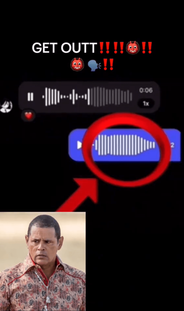 Screenshot of the character Tuco Salamanca in the bottom left corner of a TikTok, a red arrow pointing up at audio files. Text overlay reads, "GET OUTT!!!!!!"