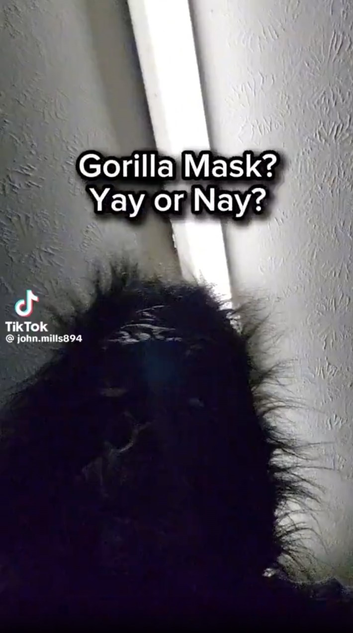 View from below of a man wearing a gorilla mask. Text overlay reads, "Gorilla Mask? Yay or Nay?"