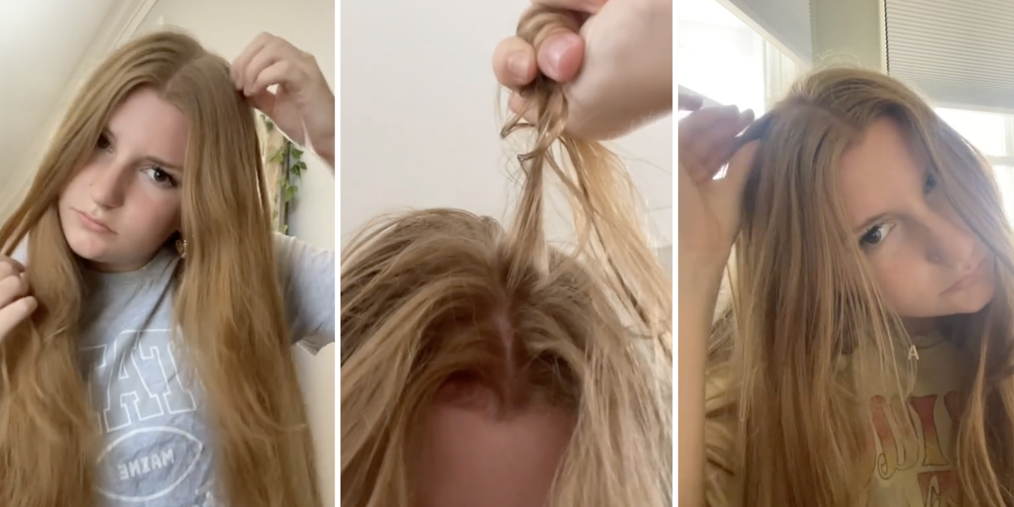 Three split of woman cracking her hair