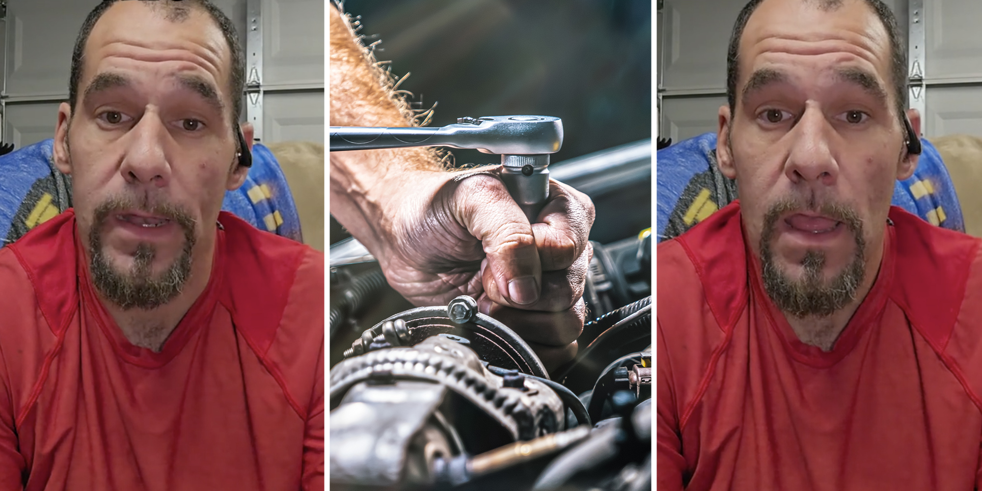 Man talking(L+R), Hand using tools on enginge(c)