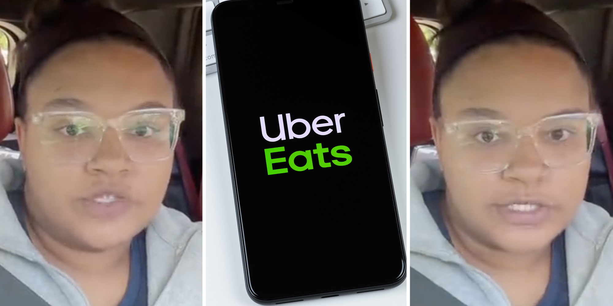 Woman talking(l+r), Uber Eats app on phone(c)
