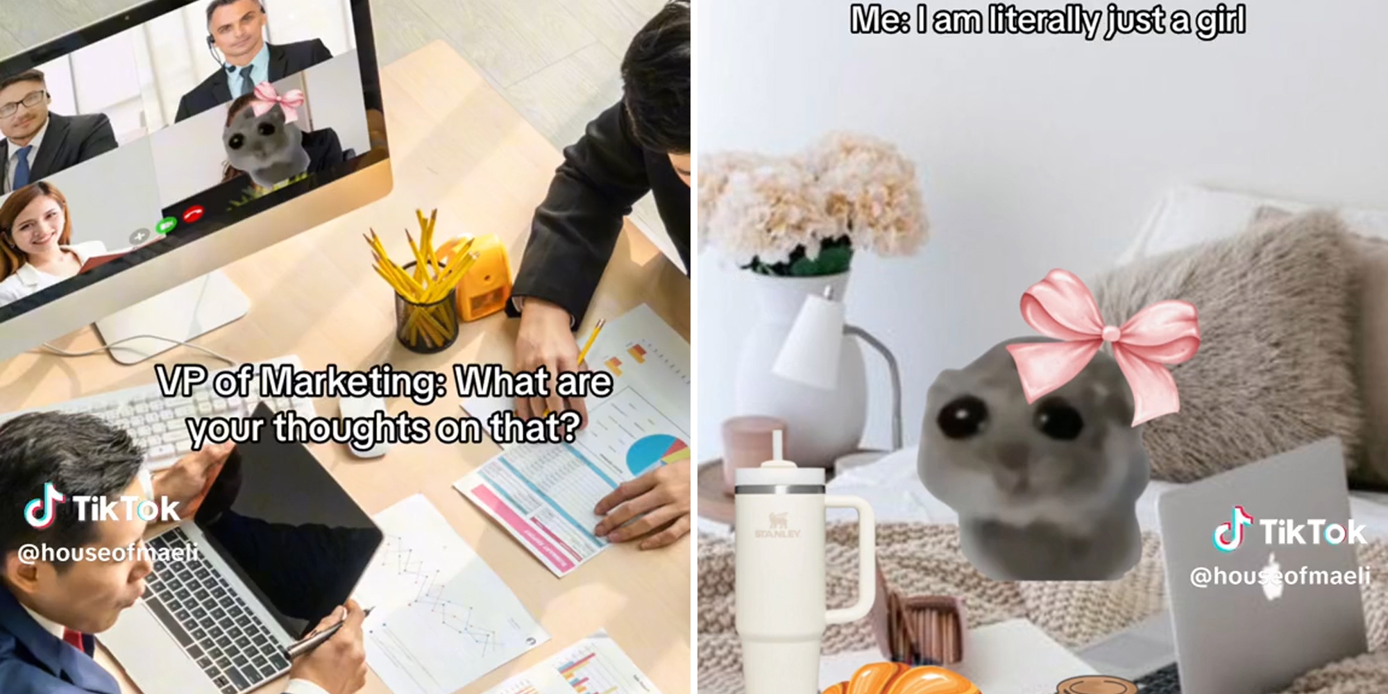 meeting with hamster on screen caption "VP of Marketing: What are your thoughts on that?" (l) hamster with bow tie, laptop, and stanley mug with caption "Me: I am literally just a girl" (r)