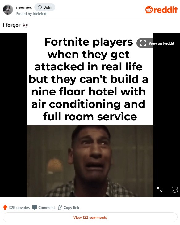 "fortnite players when they get attacked in real life but they can't build a nine floor hotel with air conditioning and full room service"