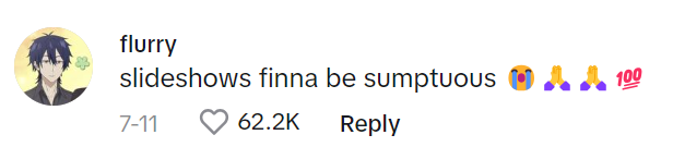 TikTok comment that reads, "slideshows finna be sumptuous (crying, praying, and 100 emojis)"