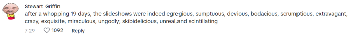 TikTok comment that reads, "after a whopping 19 days, the slideshows were indeed egregious, sumptuous, devious, bodacious, scrumptious, extravagant, crazy, exquisite, miraculous, ungodly, skibidelicious, unreal,and scintillating"