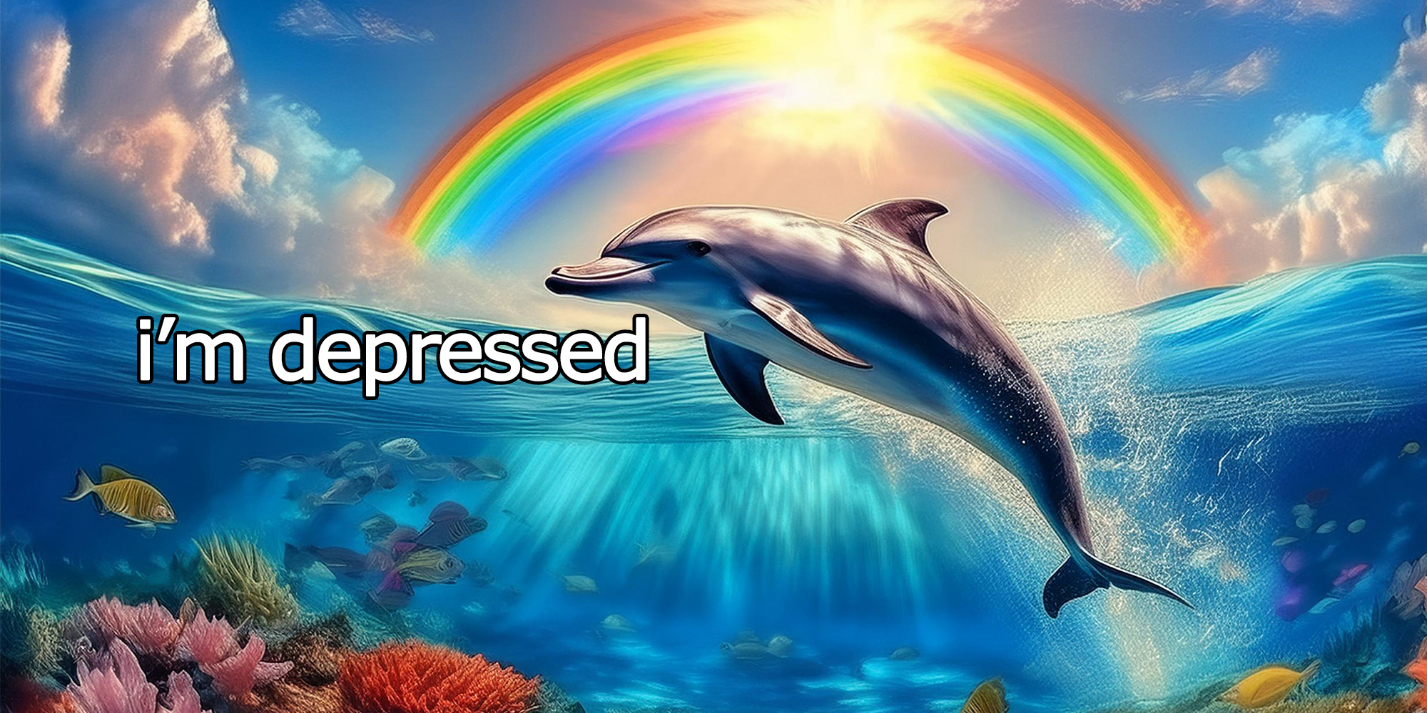 dolphin jumping out of water with sun and rainbow, caption "i'm depressed"