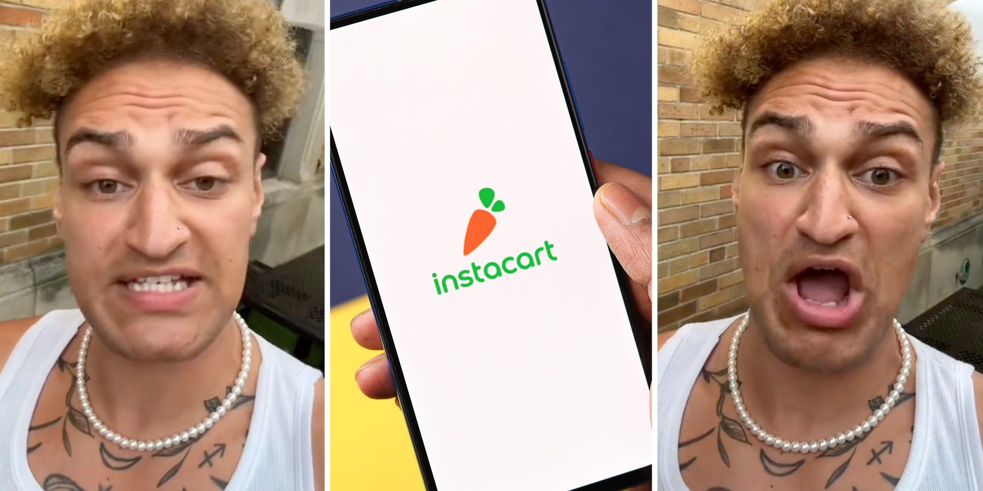 Man talking(l+r), Hand holding phone with instacart app(c)