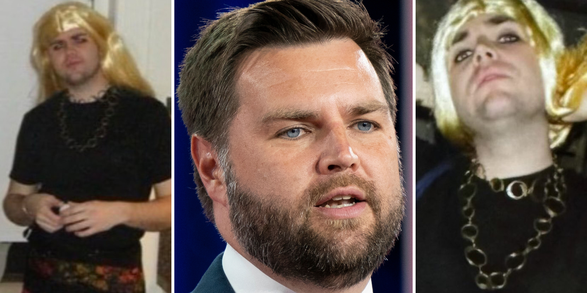 young man wearing women's clothing and a blonde wig (l) JD Vance (c) young man wearing blonde wig and necklace (r)