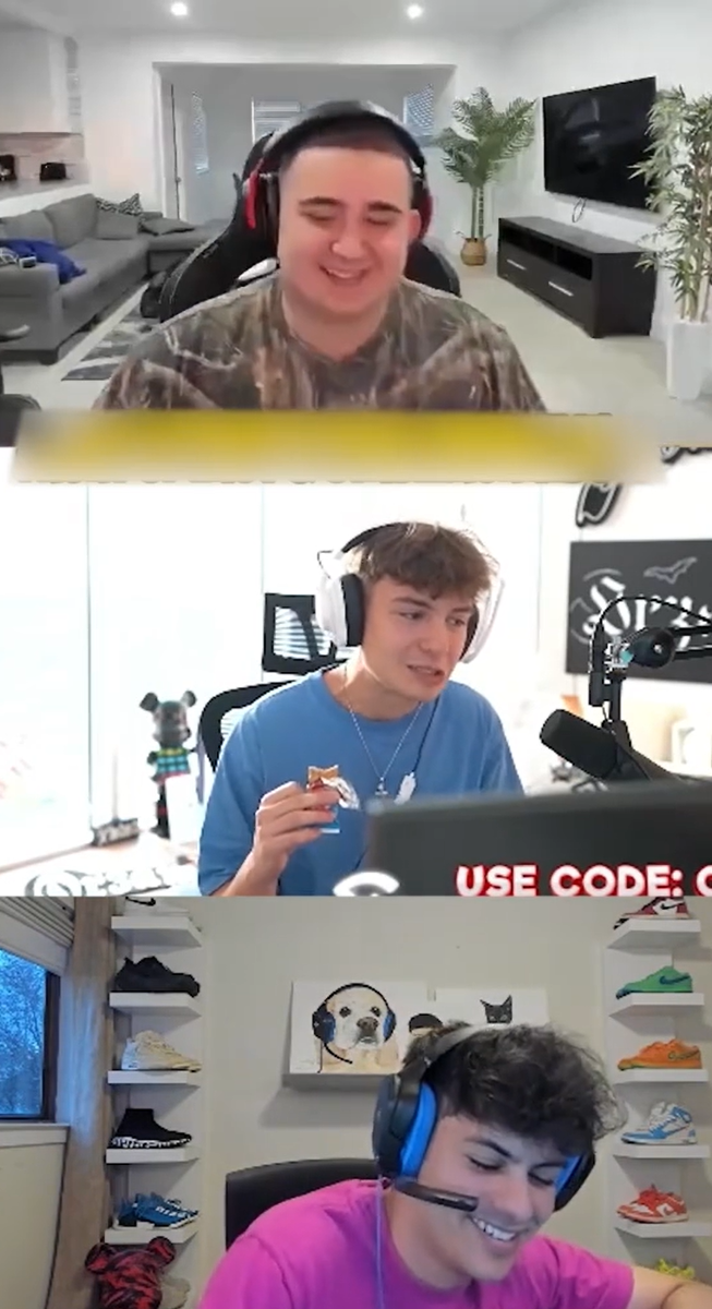 A split-screen TikTok screenshot of three young men in headphones, the top and bottom ones pranking the middle one with saying "just give me my money."