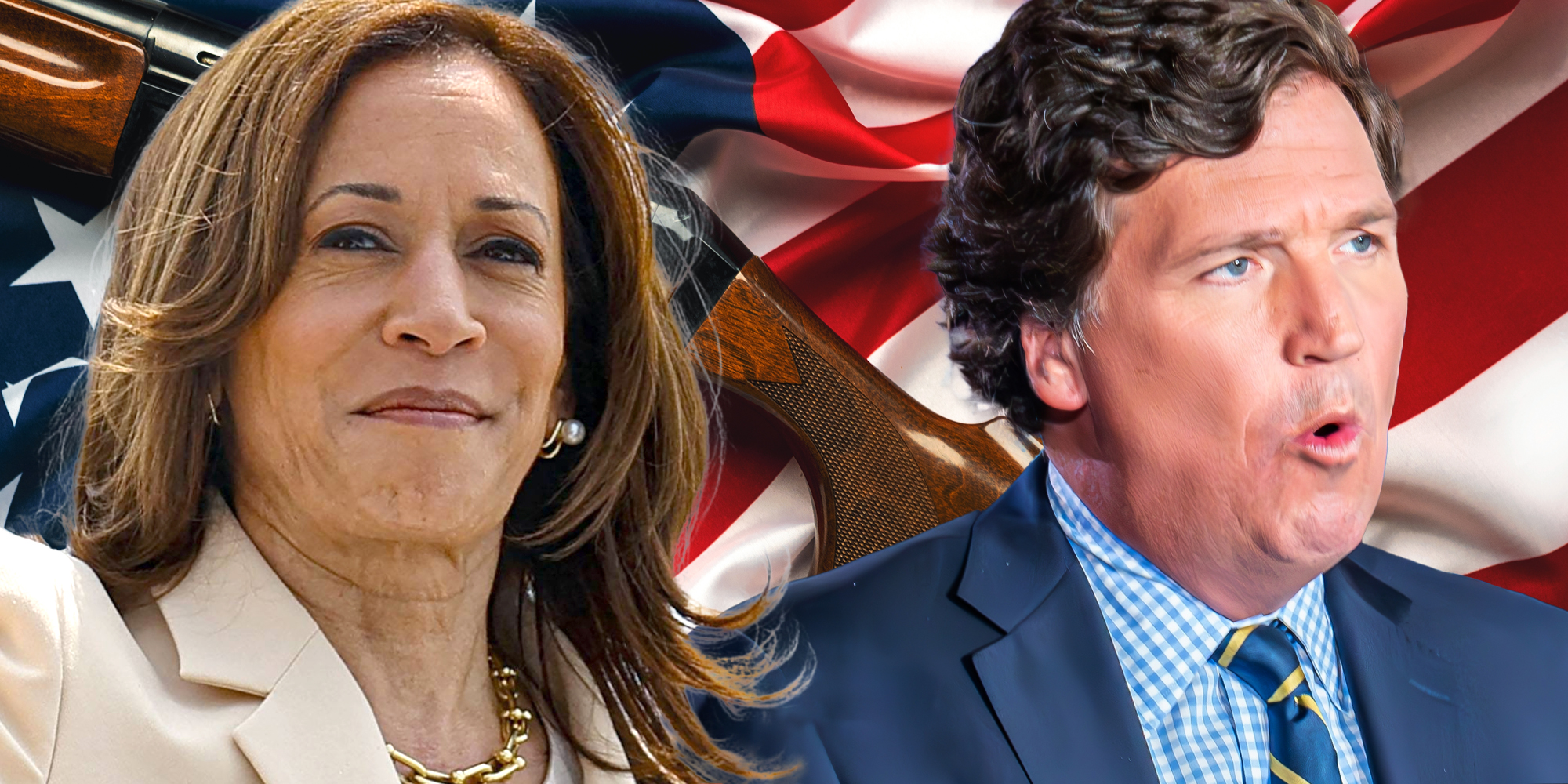 Kamala Harris and Tucker Carlson over american flag and gun