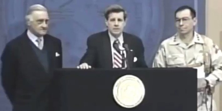 Paul Bremer announcing Saddam Hussein had been caught: ladies and gentlemen we got him meme
