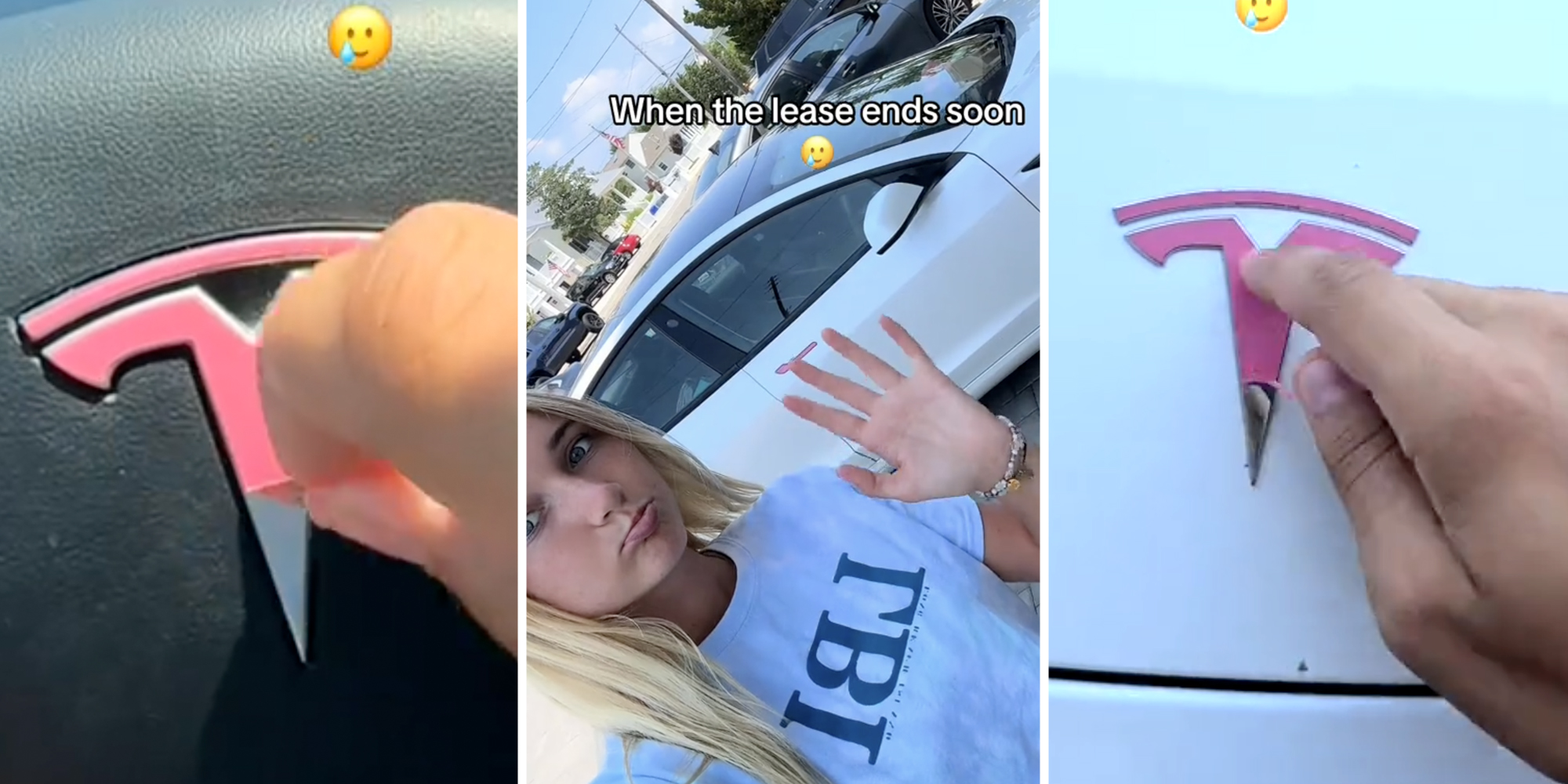Hand peeling pink off of tesla symbol(l+r), Woman waving in front of tesla(c)
