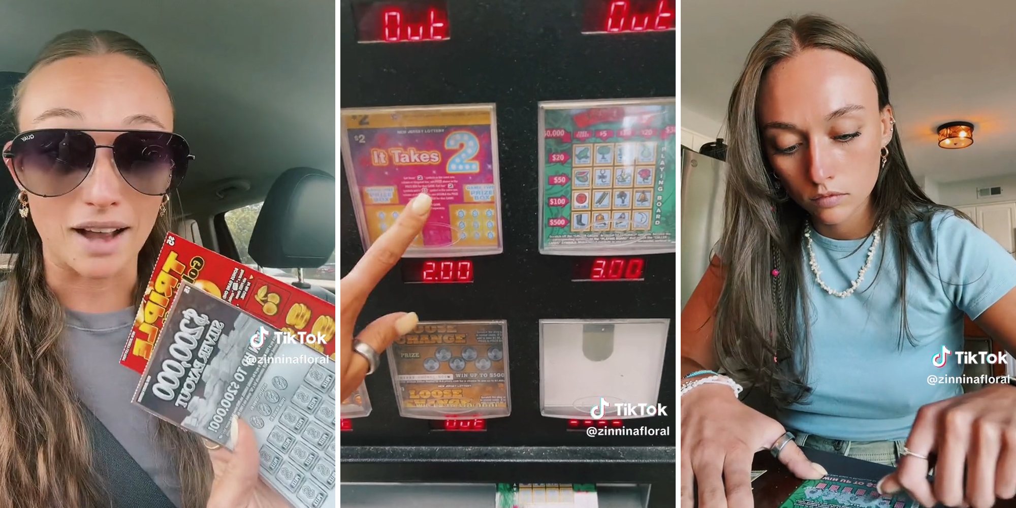 young woman with lottery tickets (l) pressing button for lottery ticket (c) scratching lottery ticket (r)