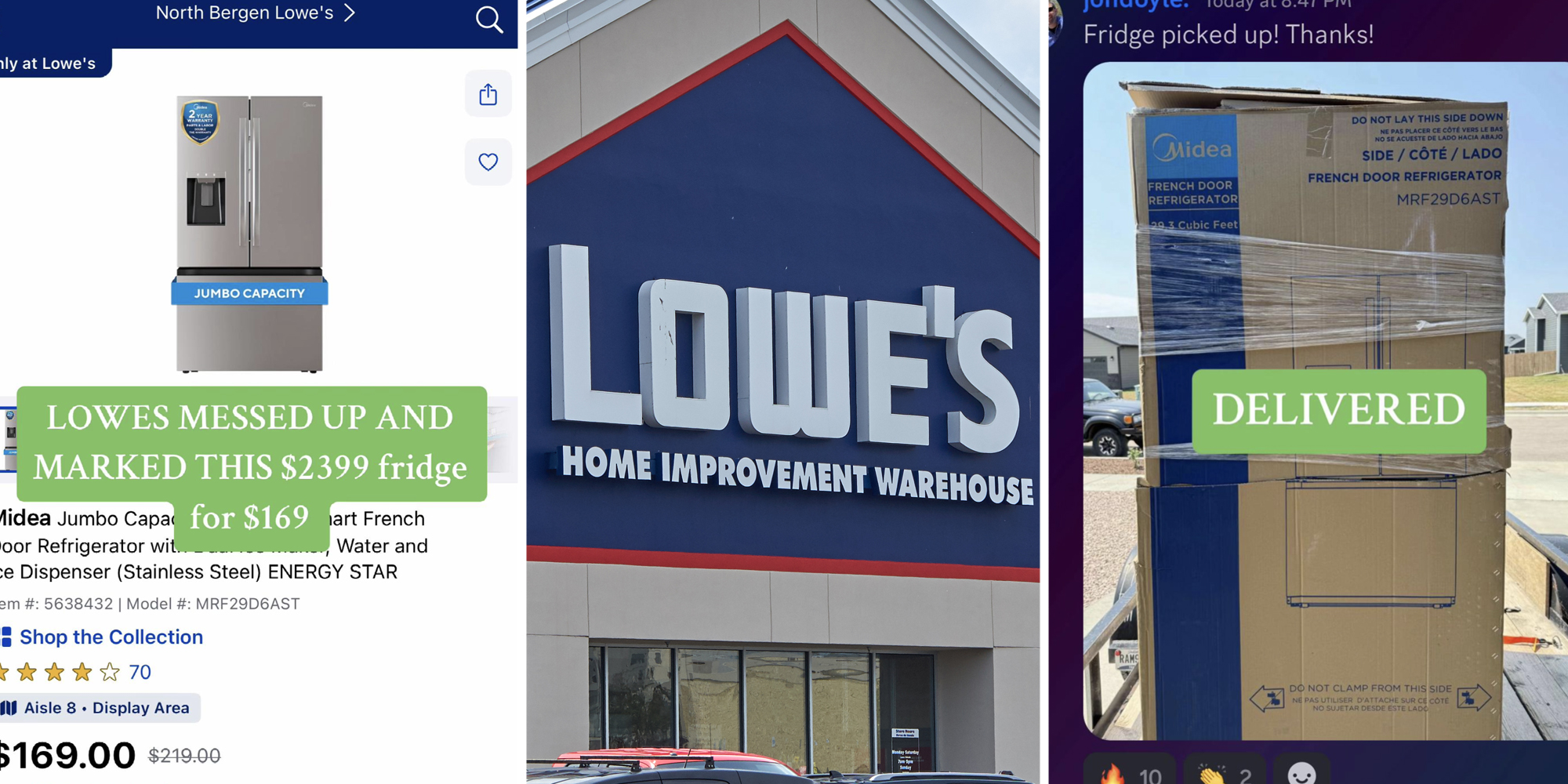 Screengrab of Lowe's website(l), Lowe's storefront(c), Delivered Fridge(r)