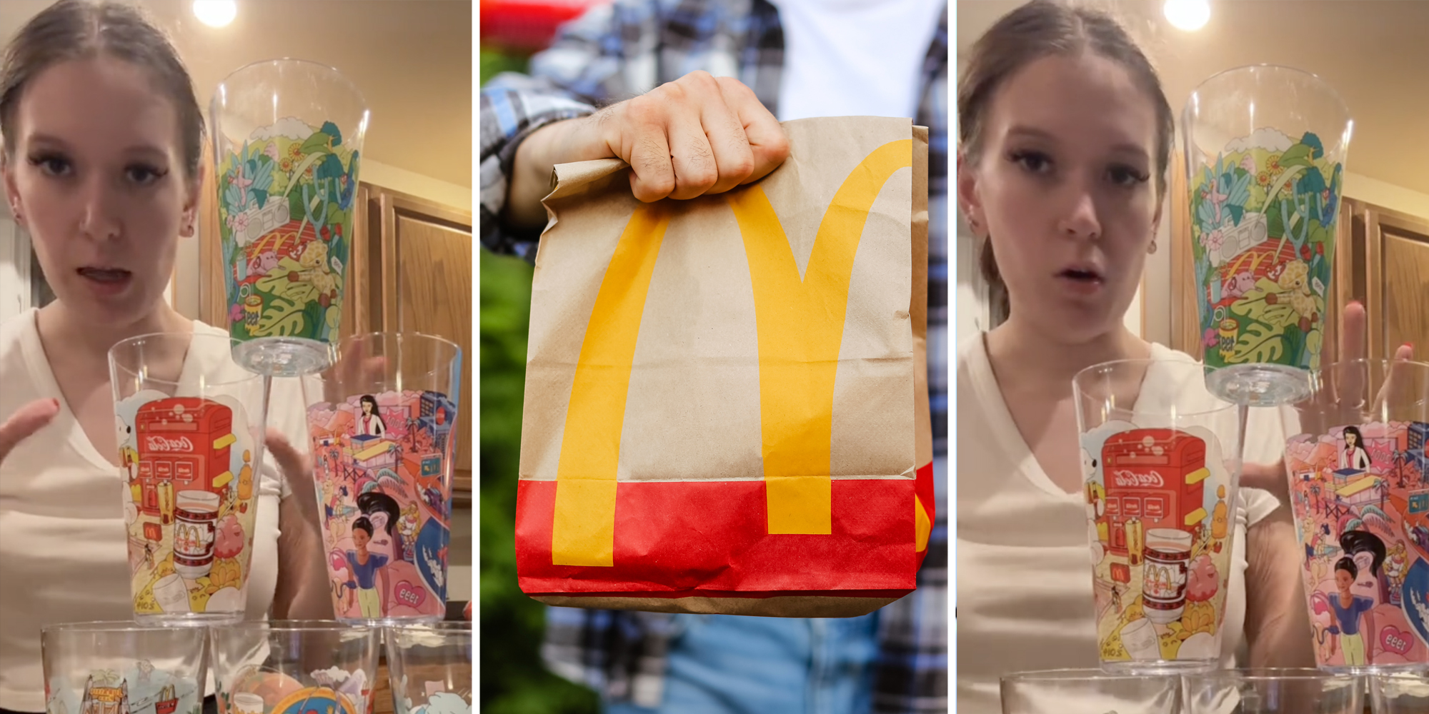 Woman with cups(l+r), Hand holding Mcdonald's bag(c)
