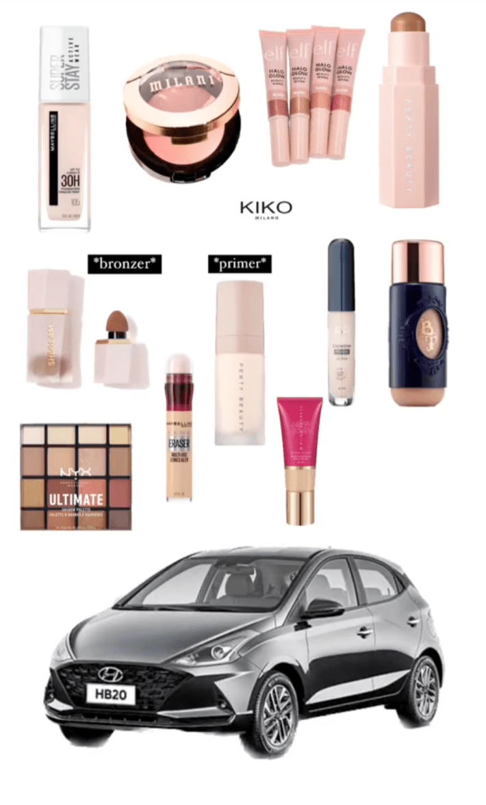 Screenshots of makeup products and a car, comparing the two for the "me explaining makeup to men" trend.