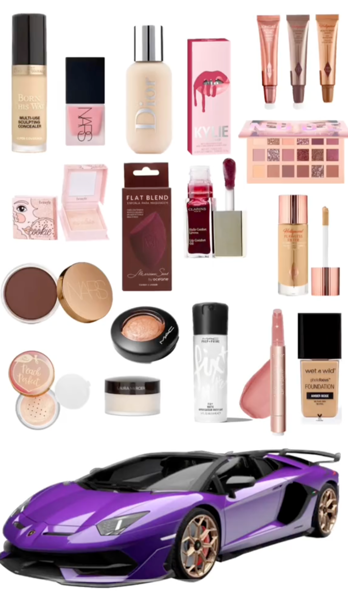 Screenshots of makeup products and a car, comparing the two for the "me explaining makeup to men" trend.