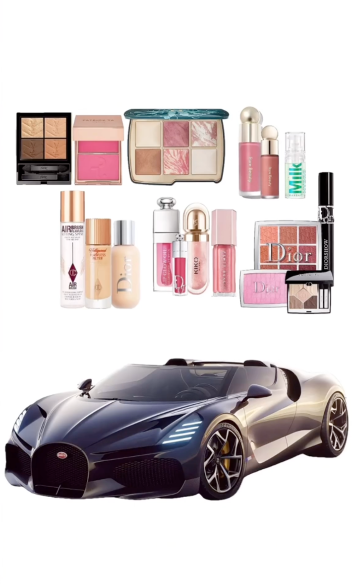 Screenshots of makeup products and a car, comparing the two for the "me explaining makeup to men" trend.
