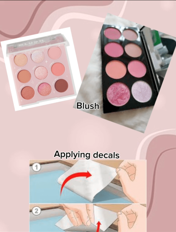 Screenshots of blush and applying decals to a car, comparing the two for the "me explaining makeup to men" trend.