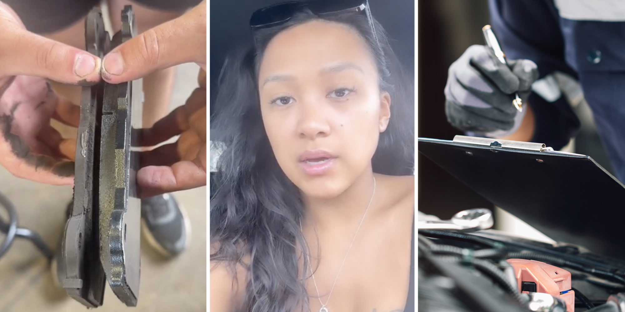 Hands holding break pads(l), Woman talking(c), Mechanic with clipboard(r)