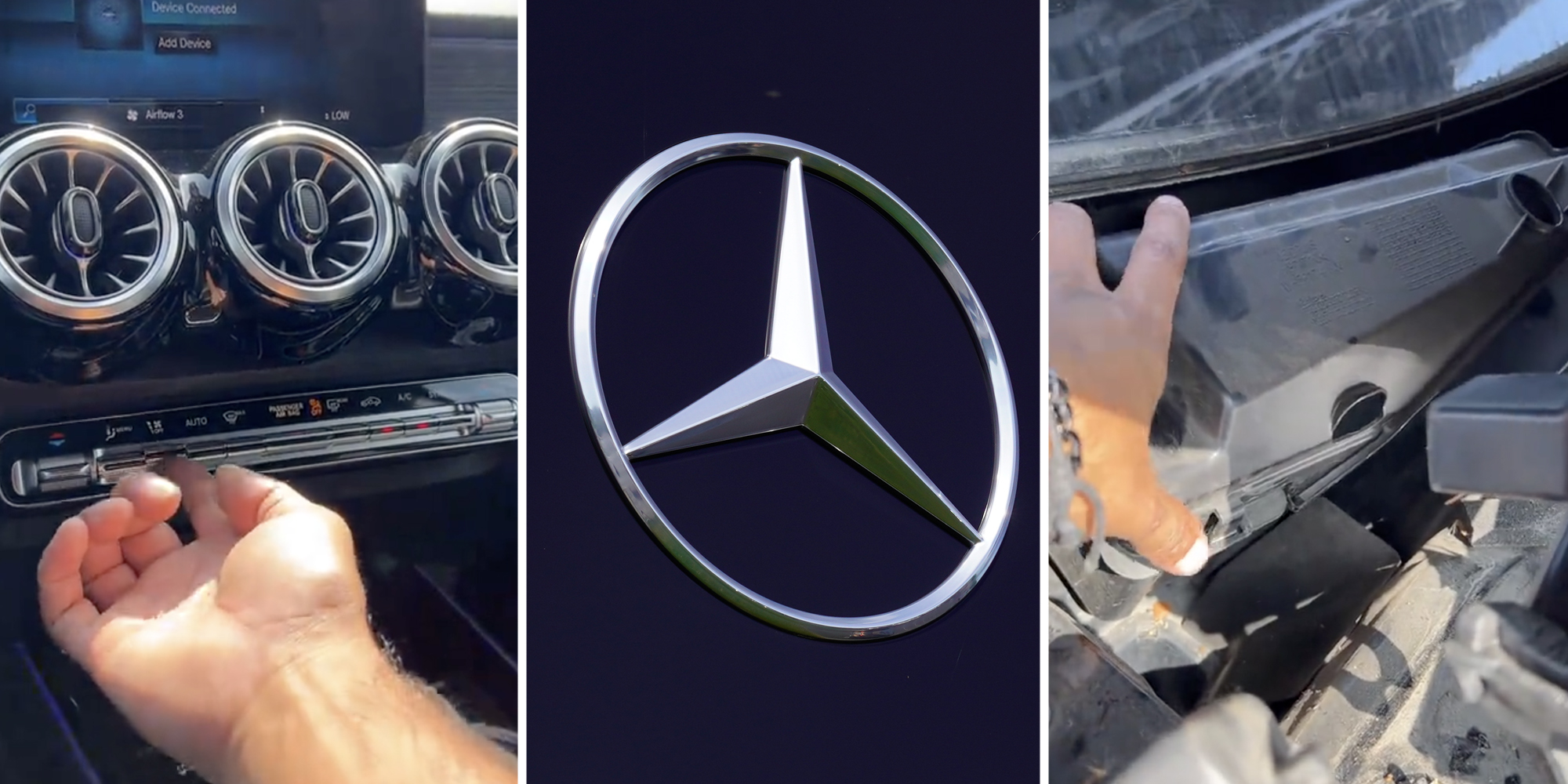 Hand flicking air conditioning(l), Mercedes Benz sign(c), Hand inside car(r)