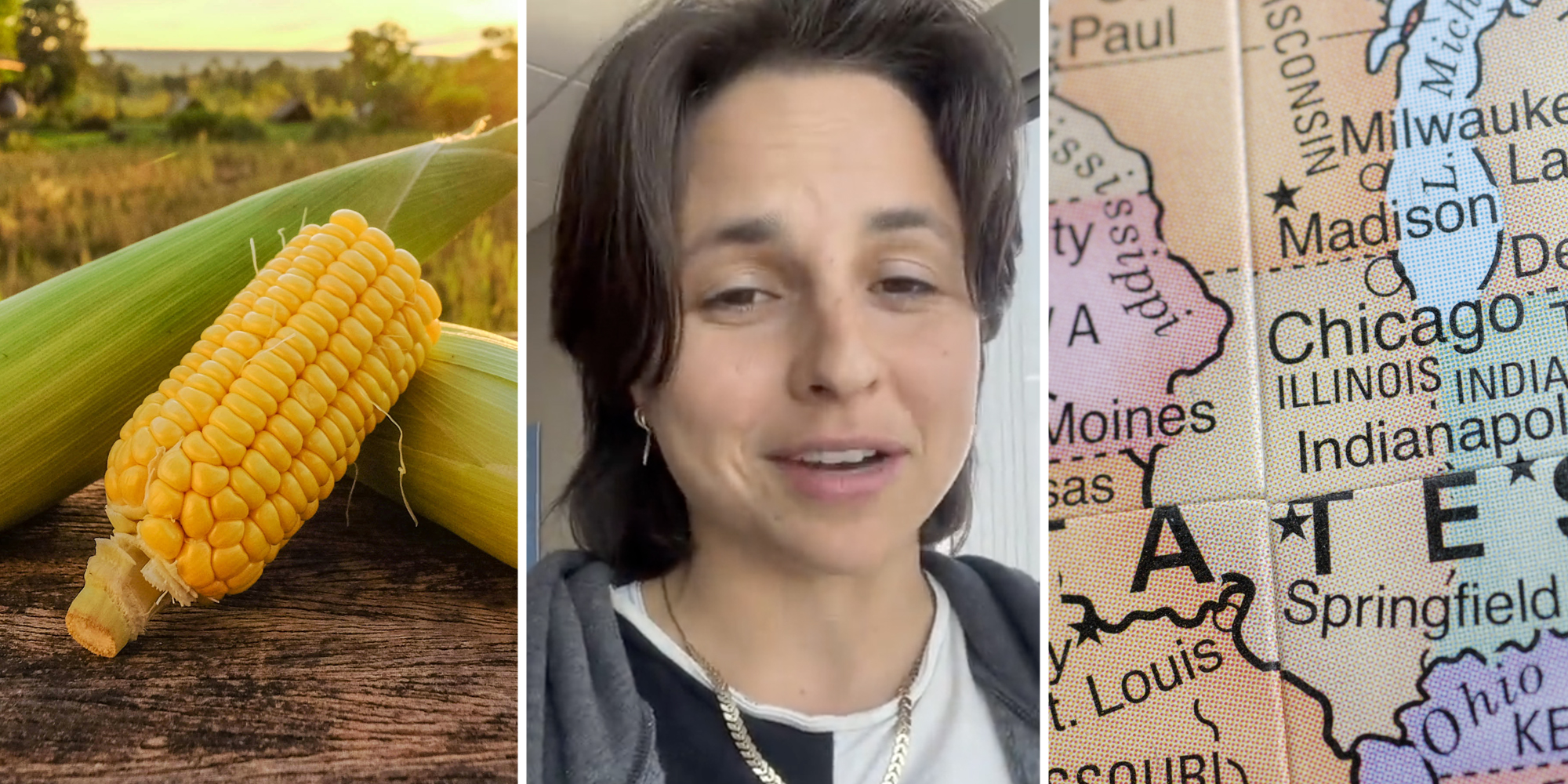 corn sweat midwest humidity Corn(l), Woman talking(c), Midwest Map(r)