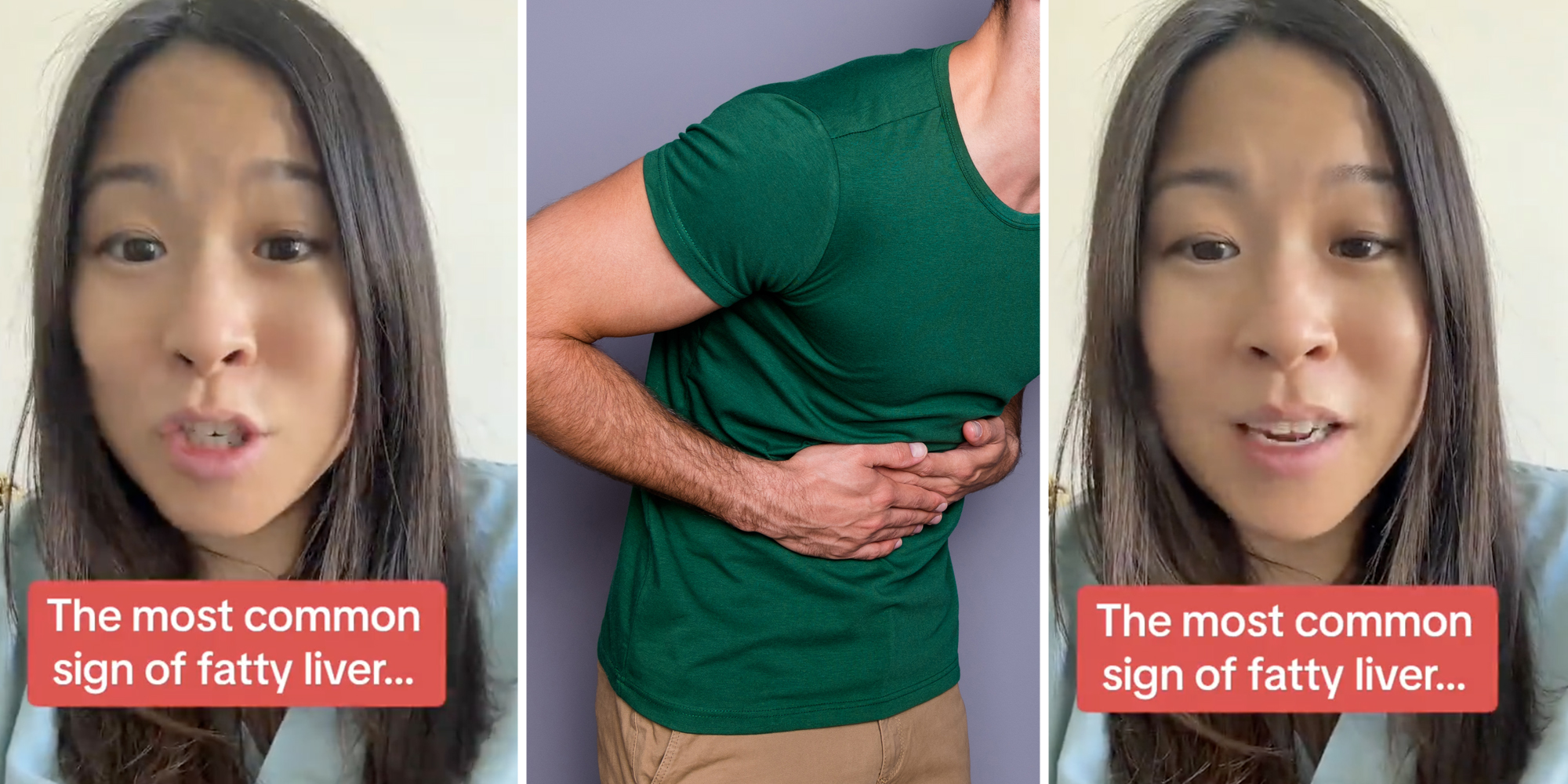 Woman talking with text that says "The most common sign of fatty liver..."(l+r), Man grabbing stomach(c)
