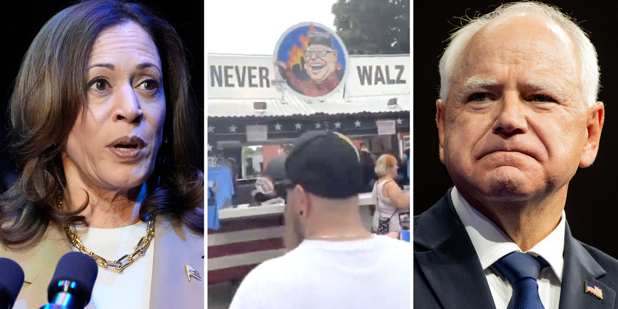 Kamala Harris(l), Never walz booth(c), Tim Walz(r)