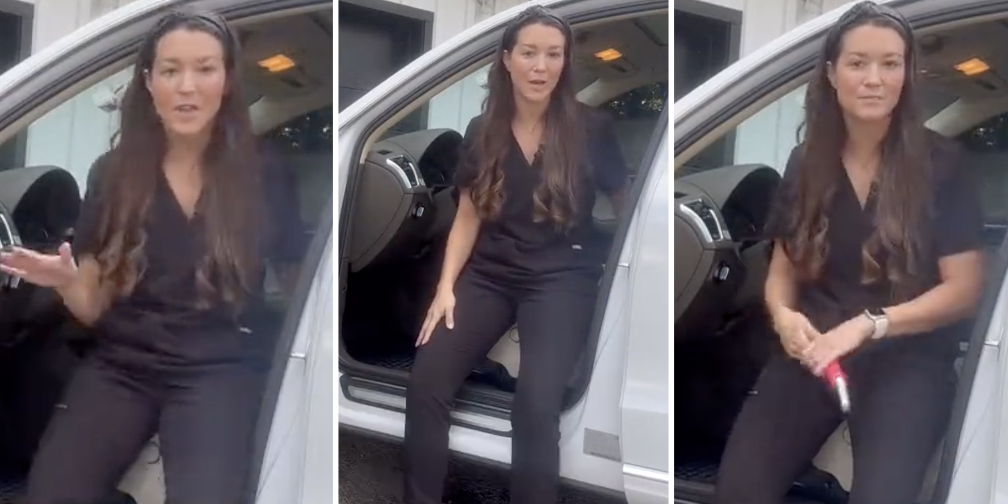 Woman talking in car (three split)