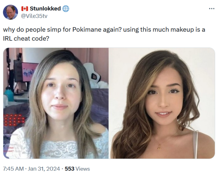Pokimane no makeup tweet calling cosmetics a "cheat code."