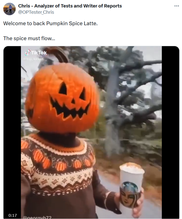 Pumpkin spice latte meme with a TikTok video of someone with a jack-o-lantern on their head.