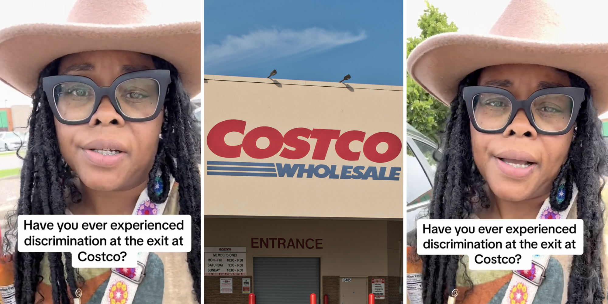 Woman talking with text that says "Have you ever experienced discrimination at the exit at Costco?"(L+r), Costco sign(c)