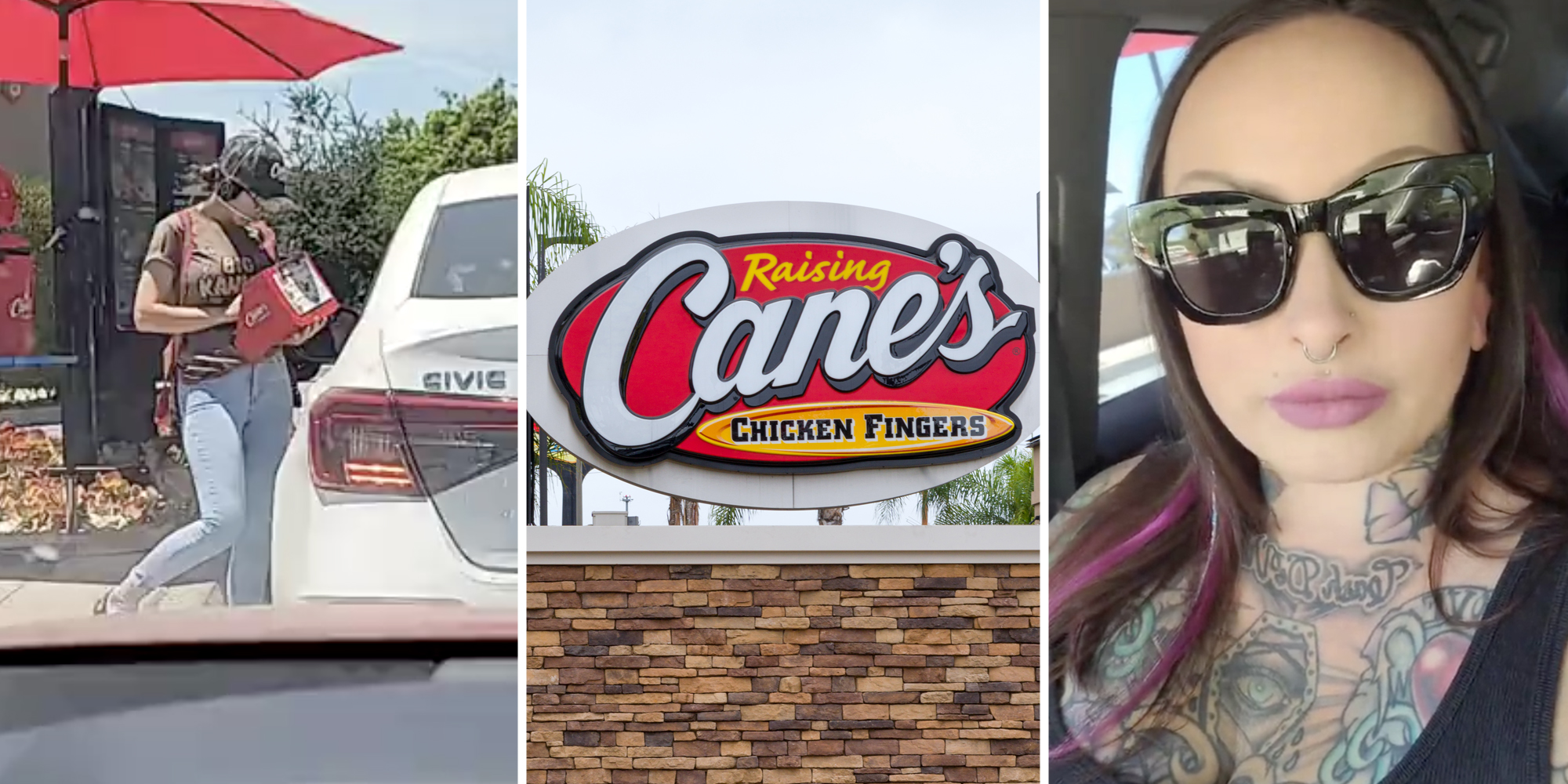 Raising Cane's worker at drive in(l), Raising Cane's sign(c), Woman talking(r)