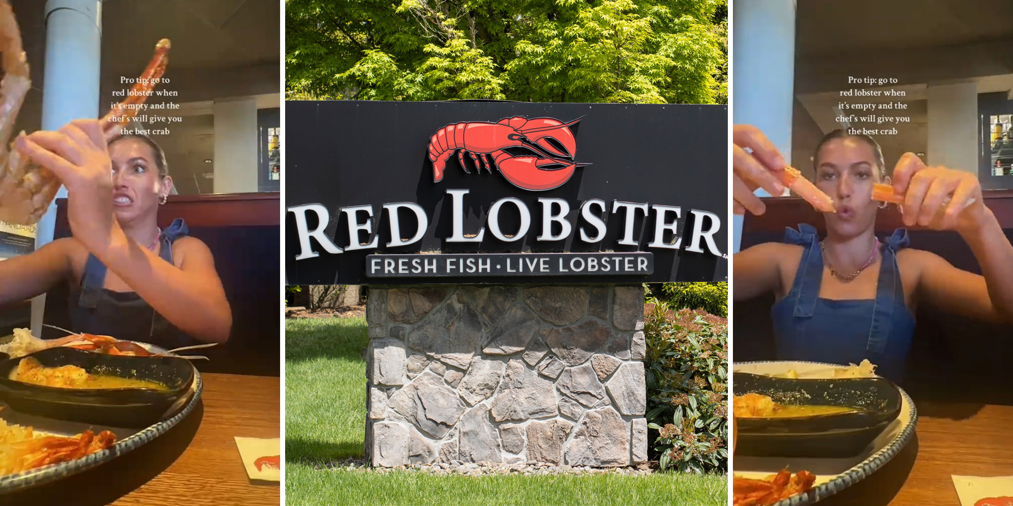 woman eating crab with caption "pro tip go to red lobster when it's empty and the chefs will give you the best crab" (l&r) red lobster sign (c)