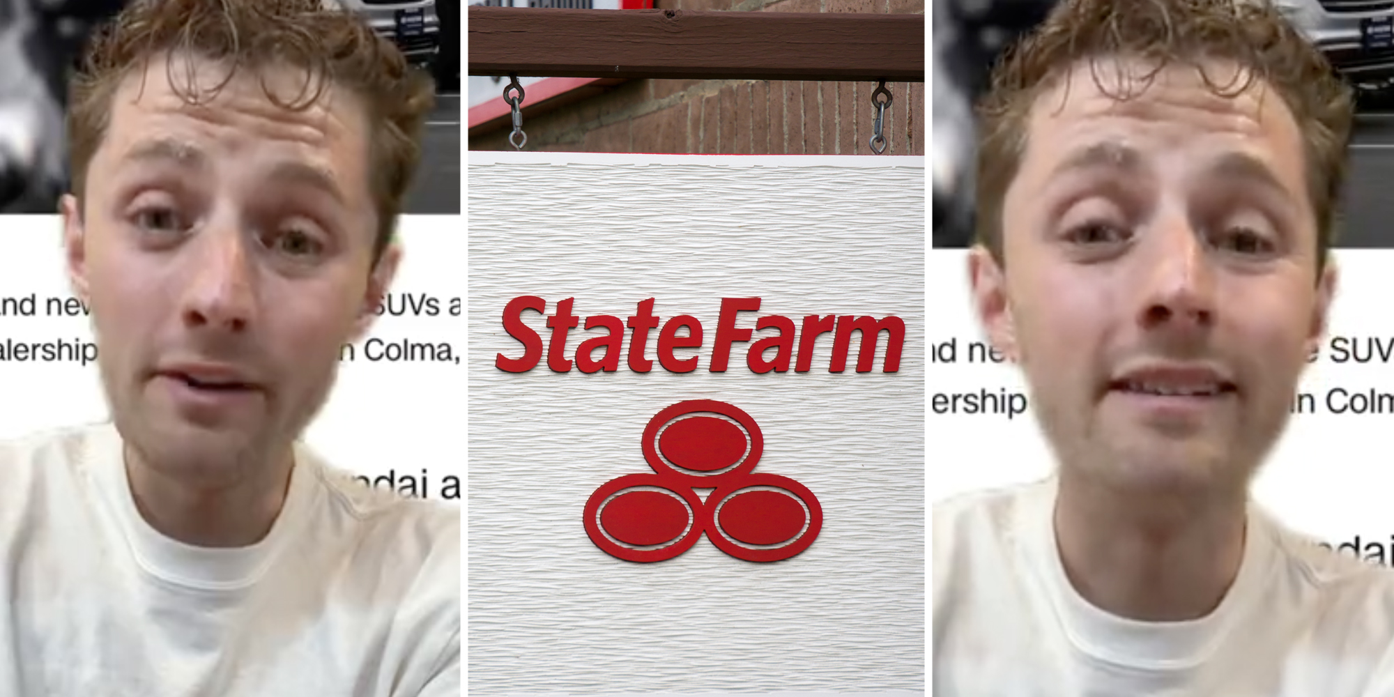 Man talking(l+r), State Farm sign(c)